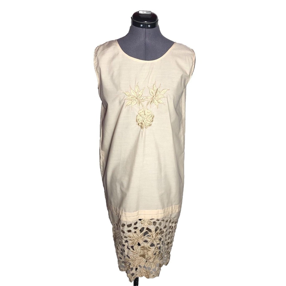 Authentic Vintage 1920s Embroidered Cotton Shift Dress Lace Hem Flapper Antique - Picture 5 of 16